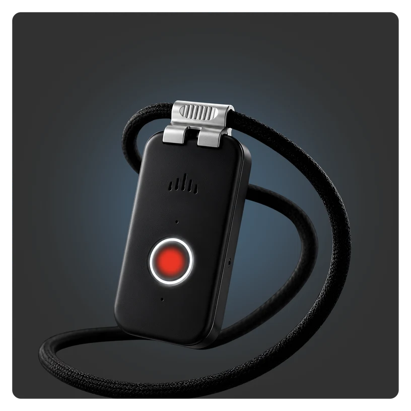The DDD Pendant, a small black connected-support device on a neck cord.