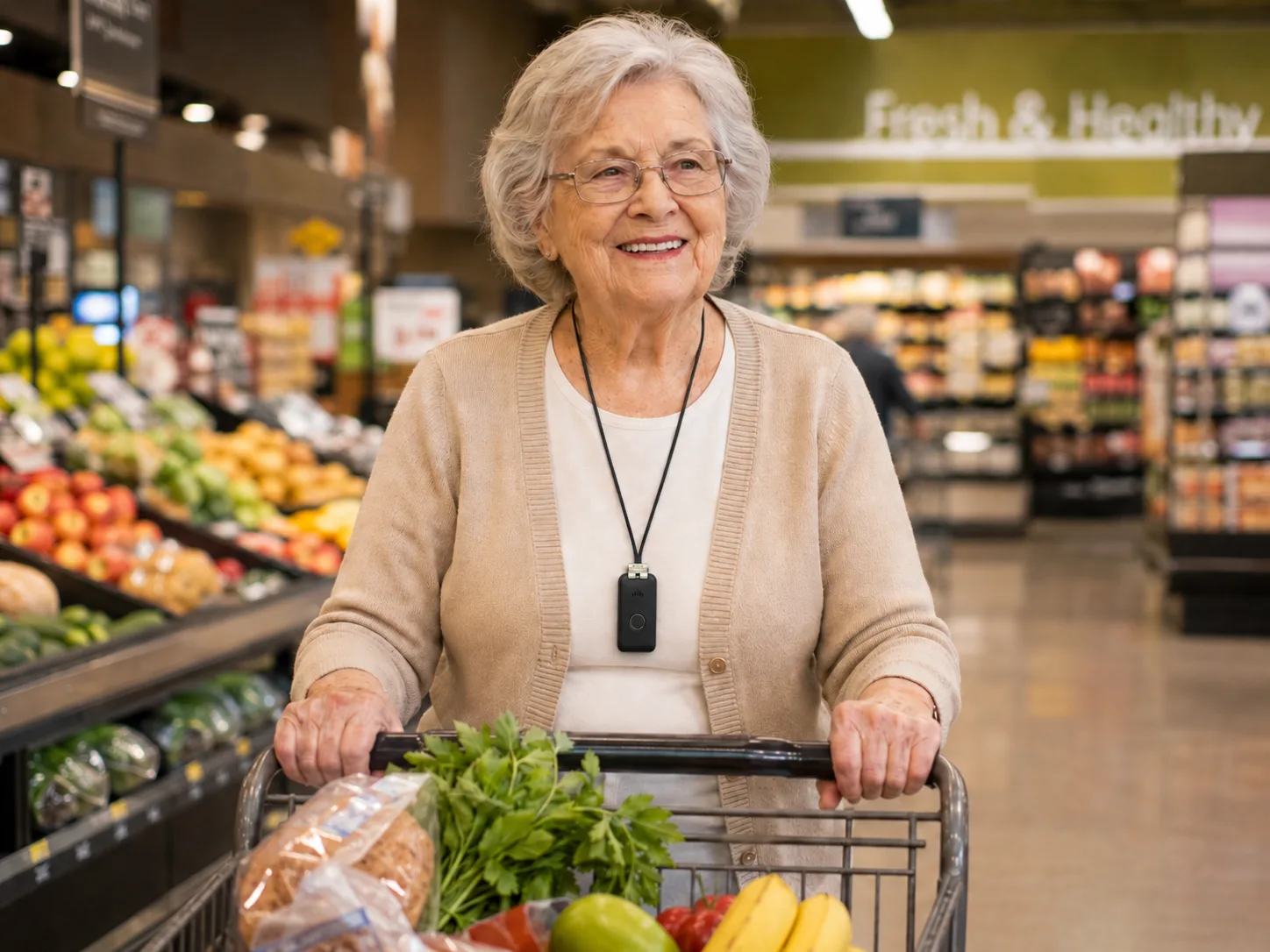 An older woman wearing the DDD pendant while shopping for groceries.