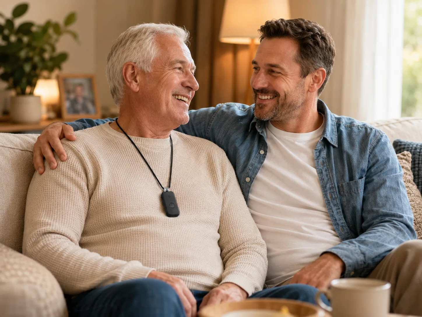 An older man wearing the DDD pendant, sitting on a sofa laughing with his adult son.