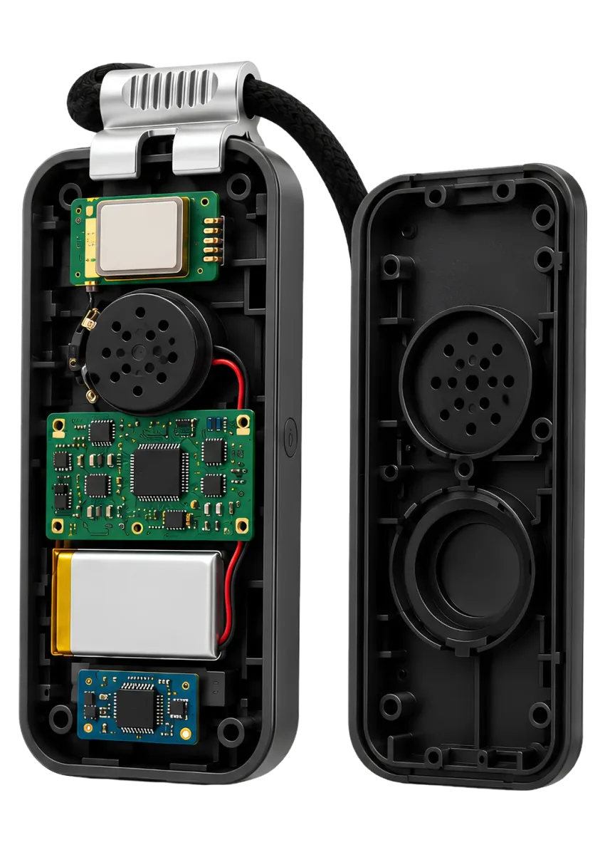 The DDD Pendant opened up, showing the antenna module, speaker, circuit board, battery and motion sensor.