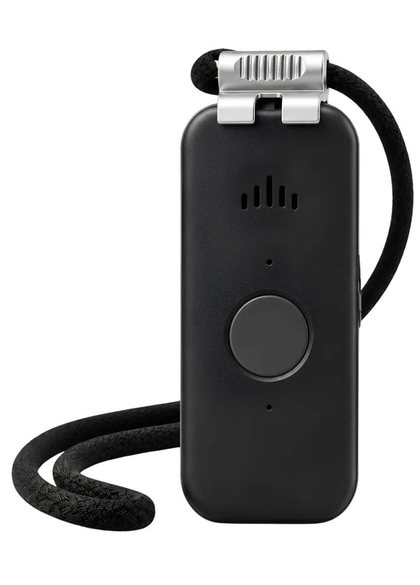 The assembled DDD Pendant, showing the speaker grille, microphone and call button.