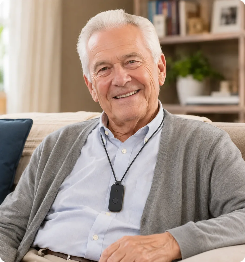 An older man smiling, wearing the DDD Pendant.