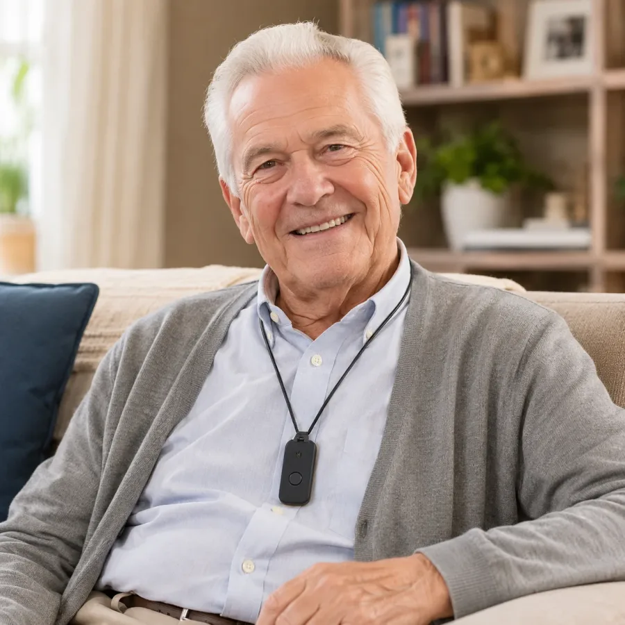 A man at home wearing the DDD pendant