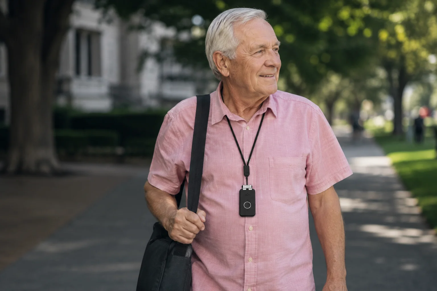 A man walking outdoors with a shoulder bag, wearing the DDD pendant