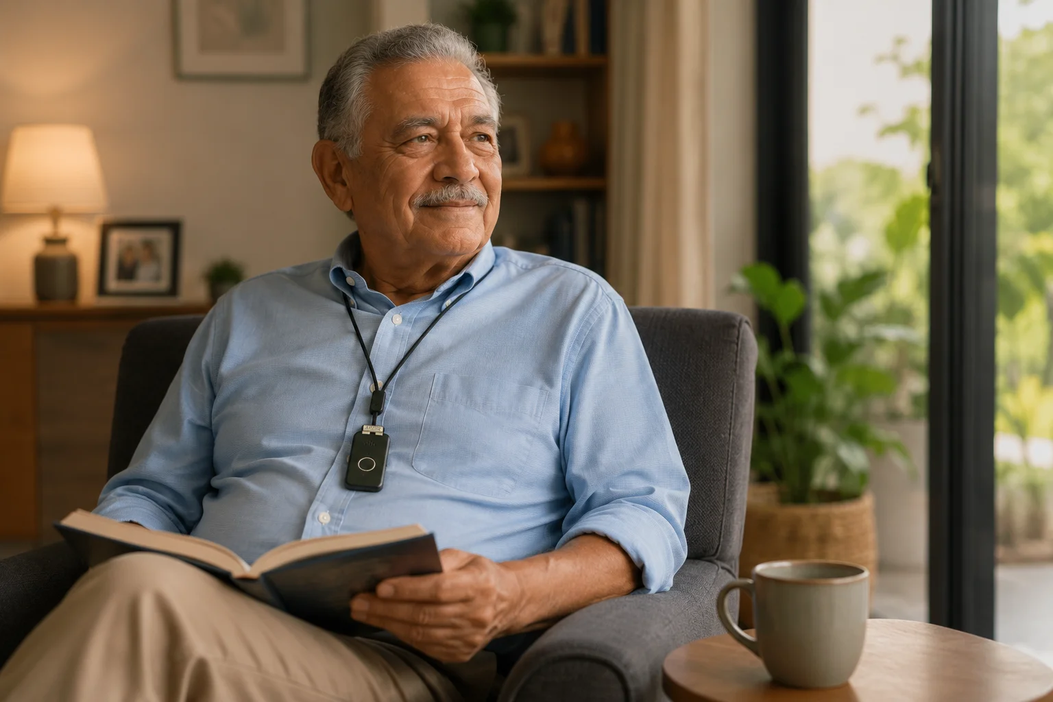 A man reading in an armchair at home, wearing the DDD pendant