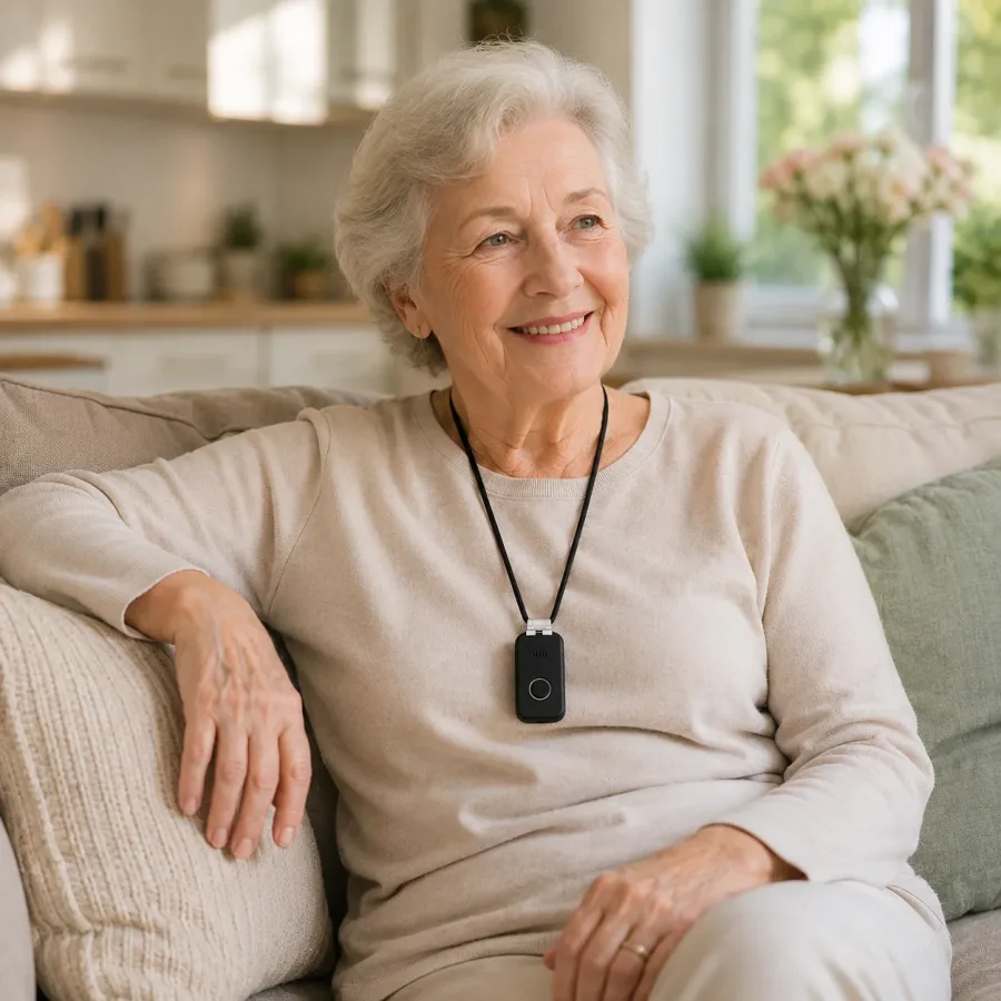 A woman relaxing on her sofa at home wearing the DDD pendant