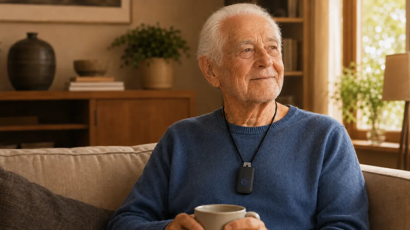 An older man at home wearing the DDD pendant