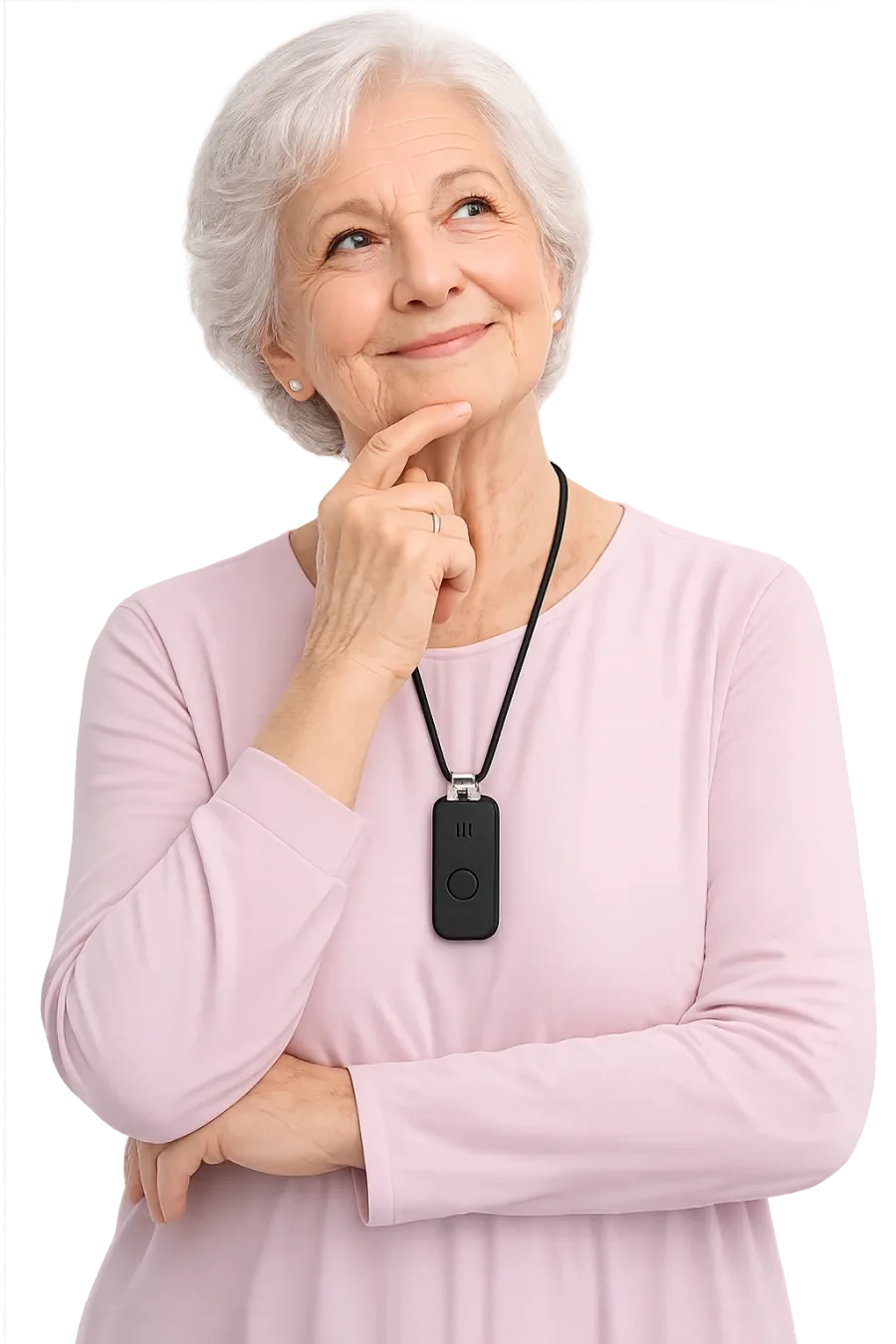 A woman wearing the DDD pendant on a lanyard